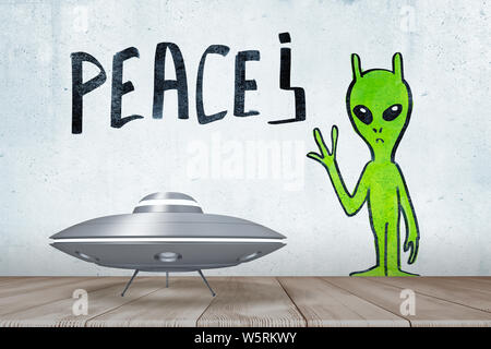 3d rendering of silver metal UFO above white wooden floor with green alien and PEACE sign drawn on the wall Stock Photo