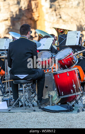 Lydbrook Brass Band play a 'Proms in the Quarry' at Barnhill Quarry, Forest of Dean, Gloucestershire. Event includes flypast to 'The Dambusters' Stock Photo