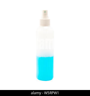 Plastic perfume spray bottle with blue liquid isolated on white background Stock Photo