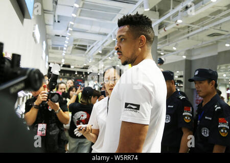 NBA star CJ McCollum of Portland Trail Blazers interacts with fans during his China Tour in Shijiazhuang city, north China's Hebei province, 14 June 2 Stock Photo