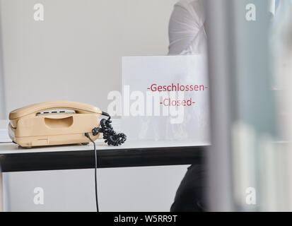Berlin, Germany. 29th July, 2019. A sign with the inscription 'Geschlossen - Closed' (Closed - Closed) stands at the entrance to the visitors' terrace of Tegel Airport, which is closed for security reasons. A defective dangerous goods container was found in an aircraft at the airport. According to the airport, it was in the flight safety area. The fire department was on site with a large contingent. Credit: Annette Riedl/dpa/Alamy Live News Stock Photo