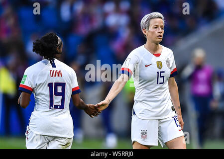 Megan Rapinoe, right, and Crystal Dunn of United States women's national soccer team celebrate after scoring against Sweden women's national football Stock Photo