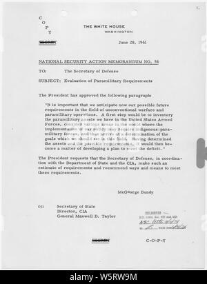 National Security Action Memorandum No. 56 Evaluations of Paramilitary Requirements; Scope and content:  Memorandum for Secretary of Defense on paramilitary operations. Stock Photo