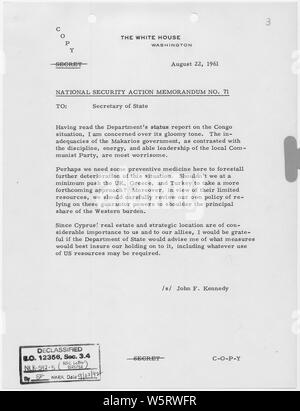 National Security Action Memorandum No. 71 Cyprus; Scope and content:  Memorandum for Secretary of State voicing concern over Cyprus. Stock Photo