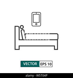 Man with smartphone in bed icon. Outline style. Isolated on white background. Vector illustration EPS 10 Stock Vector