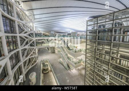 The Beijing Daxing International Airport is illuminated by light projections at night in Beijing, China, 27 June 2019. Beijing Daxing International Ai Stock Photo