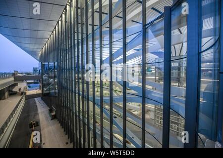 The Beijing Daxing International Airport is illuminated by light projections at night in Beijing, China, 27 June 2019. Beijing Daxing International Ai Stock Photo