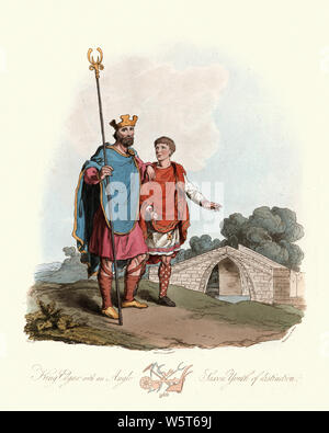 Vintage engraving of King Edgar the Peaceful, and Anglo Saxon youth, 10th Century. Ancient costumes of England, 1813. Edgar (c. 943—8 July 975), known Stock Photo