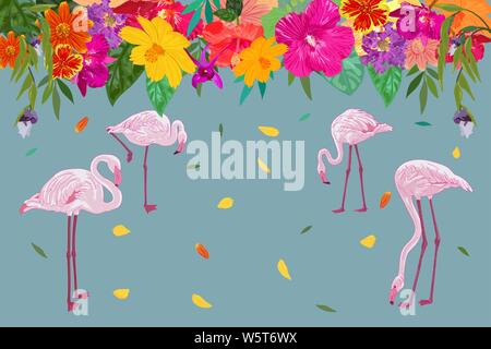 Colorful realistic tropical flower backdrop with floating petal and flamingos on blue background with copy space. vector illustration. Stock Vector