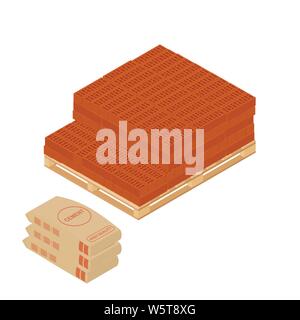 Isometric new red perforated ceramic bricks stacked on wooden pallet and stack of cement bags Stock Vector