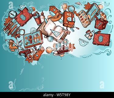 Stylish poster on the subject of Back to School. A composition of many detailed objects: stationery, materials for creativity, lunches, is a cloud tha Stock Vector