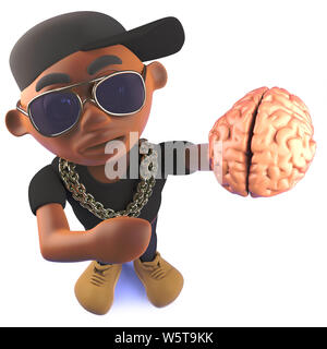 Rendered image of a cartoon black African American hip hop rapper holding a brain, 3d illustration Stock Photo