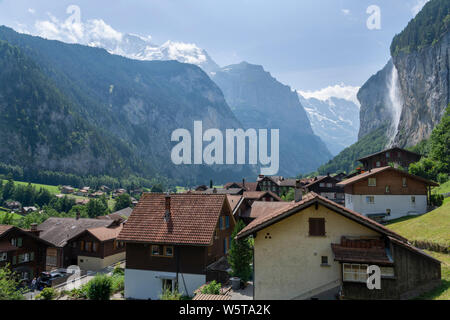 View over Lauterbrunnen and mountains in the background Stock Photo