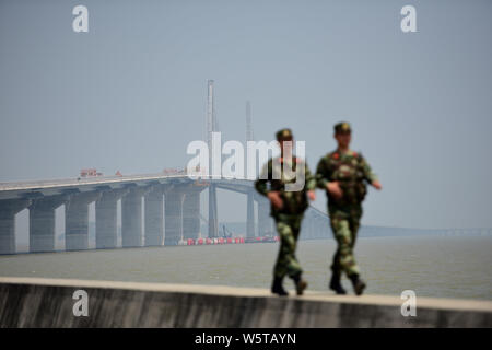 --FILE--Chinese paramilitary policemen stand guard next to the construction site of the world's longest cross-sea bridge, the Hong Kong-Zhuhai-Macao B Stock Photo