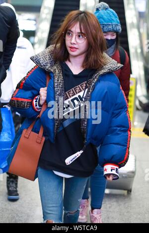 Taiwanese singer Jolin Tsai is pictured at the Beijing Capital International Airport in Beijing, China, 24 December 2018. Stock Photo