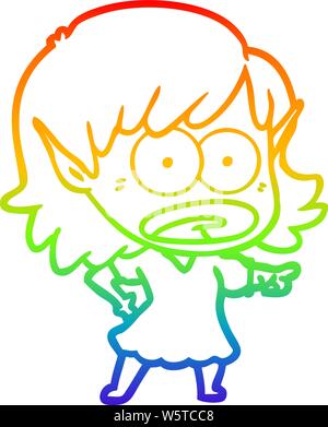 rainbow gradient line drawing of a cartoon shocked elf girl pointing Stock Vector