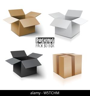 Carton packaging box. Brown delivery set of different sized packages with postal signs of fragile vector illustration. Stock Vector