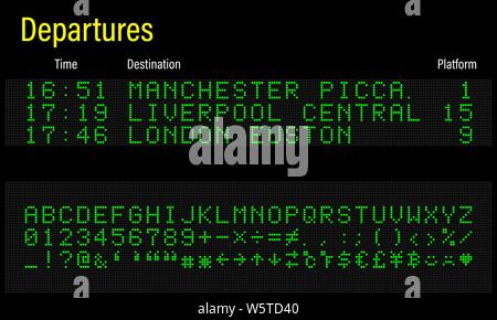 LED electronics digital font, letters, numbers and symbols vector illustration for airport panel, train information and sport scoreboard - green Stock Vector