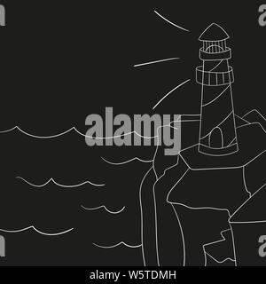 Lighthouse on ocean or sea beach cartoon background vector illustration. Lighthouse on coast of sea, structure of lighthouse on shore Stock Vector