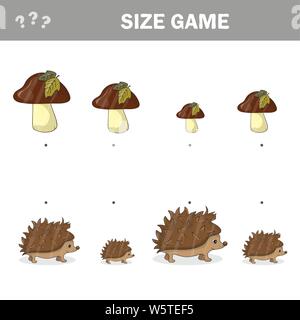 Autumn matching game for children, connect hedgehogs with mushrooms by size, preschool worksheet activity for kids Stock Vector