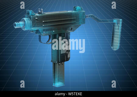 Visualization 3d cad model of submachine gun, military engineering concept. 3D rendering Stock Photo