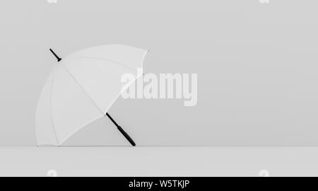 White open umbrella on light gray background, copy space, high contrast, vertical billboard poster, 3d rendering, 3d illustration Stock Photo