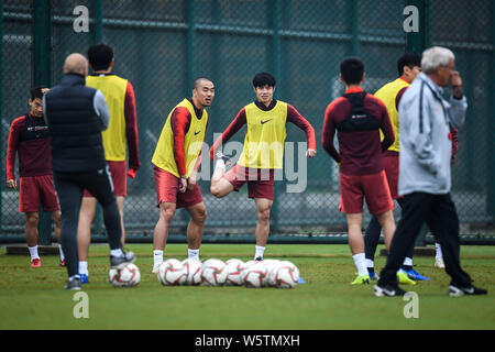 Zhao Xuri, fourth left,  and teammates of the Chinese national men's football team take part in a training session for the 2019 AFC Asian Cup in Haiko Stock Photo