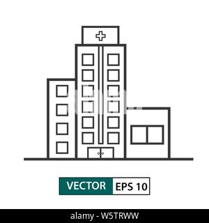 Hospital building icon. Outline style. Isolated on white background. Vector illustration EPS 10 Stock Vector