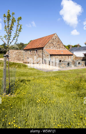 Typical island architecture - Restored 19th century barn and outbuldings at Les Caches Old Farm, Les Villets, Guernsey, Channel Islands UK Stock Photo