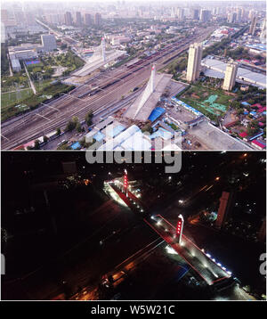 (190730) -- BAODING, July 30, 2019 (Xinhua) -- This combo photo shows two parts of a bridge above the Beijing-Guangzhou Railway before (top, photo taken on July 29, 2019) and after (bottom, photo taken on July 30, 2019) they are successfully rotated to their targeted positions using the swivel construction method in Baoding, north China's Hebei Province. China has adopted the swivel construction method in building many bridges to minimize the interference on the traffic below. The method helps overcome the constraints of environment and traffic, while shortening the construction period. (Xinhu Stock Photo