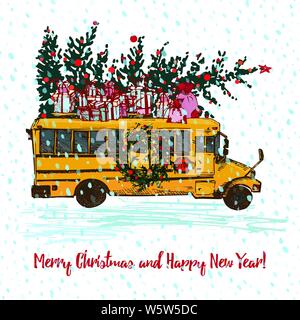 Festive Christmas card. Yellow school bus with fir tree decorated red balls and gifts on roof. White snowy seamless background and text Merry Stock Vector