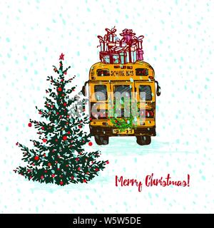 Festive Christmas card. Yellow school bus with fir tree decorated red balls and gifts on roof. White snowy seamless background and text Merry Stock Vector