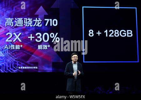 Shu Can, General Manager of Tech Operation Department of Samsung Electronics Greater China, introduces the Samsung Galaxy A8s smartphone during a laun Stock Photo