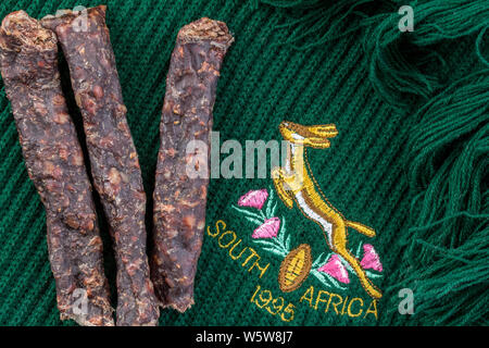 QUEENSTOWN, SOUTH AFRICA: 20 July 2019 - Springbok rugby team scarf depicting the South African rugby team's emblem of 1995 when they had their iconic Stock Photo