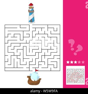 Maze game for children. Help the boat get to the lighthouse. Game for kids Stock Vector