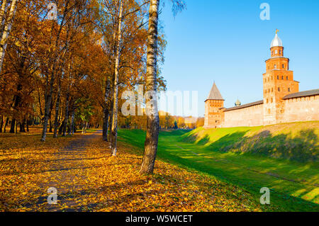 Veliky Novgorod, Russia. Kokui and Prince towers of Veliky Novgorod Kremlin fortress in sunny autumn day. Focus at the Kremlin fortress Stock Photo