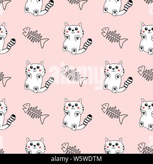 Cute hand drawn pattern background with cats and fish bones. Stock Vector