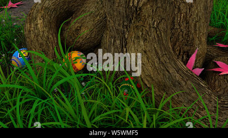 Easter Eggs hidden in the grass at the base of a tree Stock Photo