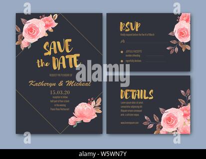 Wedding card watercolor with save the date,Thanks card vector illustration Stock Vector