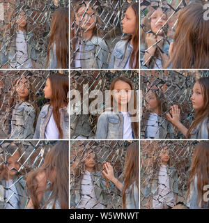 Collage about the problems of adolescents. Transitional age. Girl schoolgirl looks sad in the broken mirror. Stock Photo