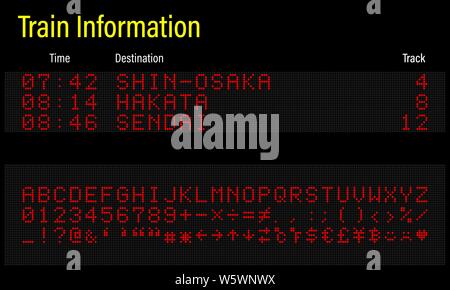 LED electronics digital font, letters, numbers and symbols vector illustration for airport panel, train information and sport scoreboard Stock Vector