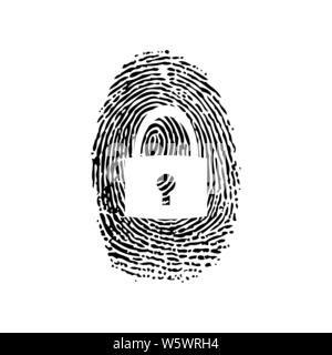 Black fingerprint with closed padlok symbol isolated on white background Stock Vector