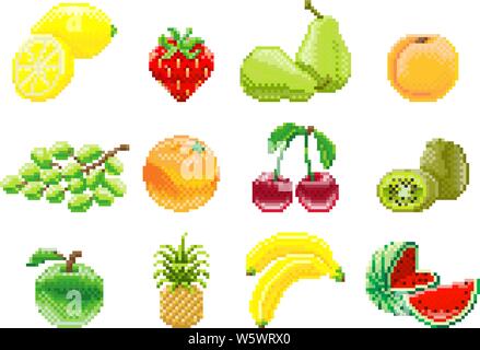 Pixel exotic fruits. Cartoon stylized fruit icons for 2D game, 8