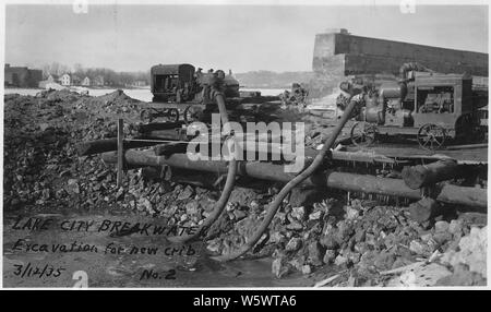 Photograph with caption Lake City Breakwater, excavation for new crib. Stock Photo