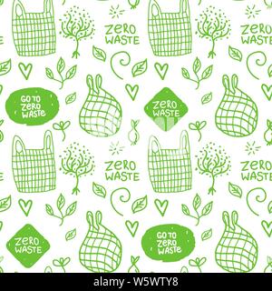 ECO Seamless pattern with hand drawn sign. Vector white inscription zero waste and mesh bag. Stock Vector