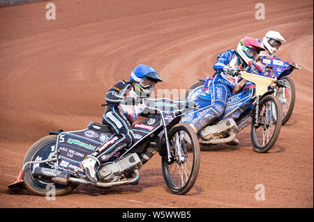 Manchester, England. 29th July 2019 Danny King (Blue) outside Lewis Kerr (Red) and Josh Auty (White) during the Sports Insure British Final at the Belle Vue National Speedway Stadium, Manchester on Monday 29th July 2019 (Credit: Ian Charles | MI News) Stock Photo