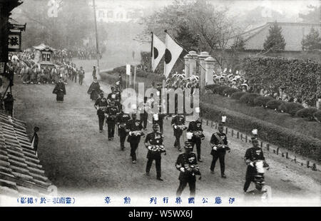 [ 1900s Japan - Funeral of Japanese Statesman Hirobumi Ito ] —   Funeral of Japanese statesman Hirobumi Ito (伊藤博文, 1841–1909). Ito was the 1st, 5th, 7th and 10th Prime Minister of Japan, genro (元老) and Resident-General of Korea. He was assassinated by Korean nationalist An Jung-geun (안중근; 安重根, 1879–1910). Ito's funeral took place at Hibiya Park in Tokyo.  20th century vintage postcard. Stock Photo