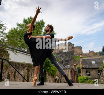 Edinburgh, Scotland, UK. 30th July, 2019. Artists from Scottish Ballet at a photocall on the historic Vennel steps at the foot of Edinburgh Castle. Scottish Ballet are performing The Crucible at The Playhouse as part of the 2019 Edinburgh International Festival, Araminta Wraith and Nicholas Shoesmith Credit: Iain Masterton/Alamy Live News Stock Photo