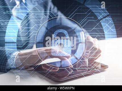 Digital cybersecurity concept of neutralizing cyber threats on Internet. Firewall and antivirus software. Virtual locking mechanism to access shared r Stock Photo