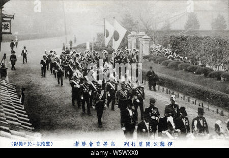 [ 1900s Japan - Funeral of Japanese Statesman Hirobumi Ito ] —   Funeral of Japanese statesman Hirobumi Ito (伊藤博文, 1841–1909). Ito was the 1st, 5th, 7th and 10th Prime Minister of Japan, genro (元老) and Resident-General of Korea. He was assassinated by Korean nationalist An Jung-geun (안중근; 安重根, 1879–1910). Ito's funeral took place at Hibiya Park in Tokyo.  20th century vintage postcard. Stock Photo